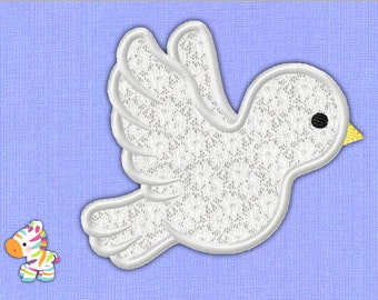 May include: A white lace dove embroidery applique with a black eye and a yellow beak, featuring a thick white satin stitch border. A small, colorful, multi-striped zebra character is positioned in the lower left corner of the frame.