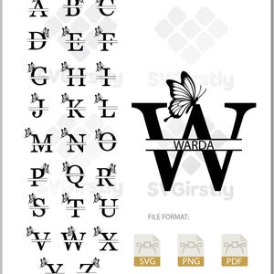 May include: Black and white monogram alphabet set with butterfly accents. Each letter features a horizontal line for a name or initial. The letter "W" is shown with the name "WARDA" and a butterfly. Includes SVG, PNG, and PDF file formats.