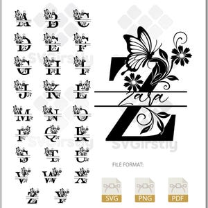 Kwiatowy alfabet z podzielonym monogramem (svg, png, pdf), clipart z literą motyla