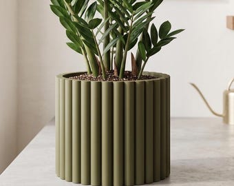 Vaso Palo XL, vaso per piante stampato in 3D con drenaggio, fori di scolo e sottovaso, design minimalista, disponibile in diverse dimensioni e colori.