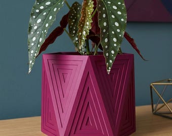 Vaso moderno Hexform Echo con drenaggio e vassoio, stampato in 3D, con foro di drenaggio, per piante grasse da interno, design geometrico.