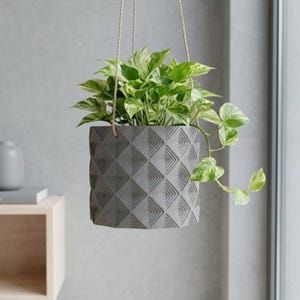 May include: A hanging planter with a cylindrical shape and a textured geometric diamond pattern in a matte gray finish. The planter holds a trailing pothos plant with variegated green and white leaves and is suspended by thin tan rope cords.