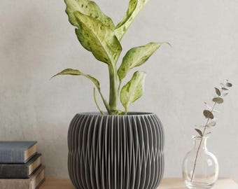 Fioriera moderna con stampa, serie NOVA, design moderno a onde ondulate con sistema di drenaggio e vassoio raccogligocce.