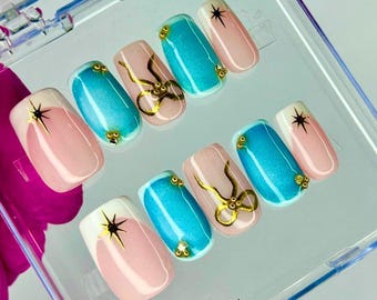 Handmade  Short Square Blue Spring Press On Nails, Luxury Design