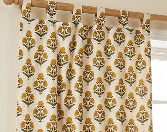Senfgelbe Vorhänge mit Blumenmuster, handbedruckte Baumwollvorhänge, lichtdurchlässige Fensterpaneele, Vorhänge mit Bindebändern und Ösen für das Wohnzimmer