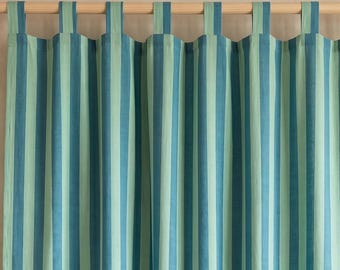 Blue Green Striped Tab Top Curtain, Farmhouse Cotton Window Panel, Rustic Vertical Stripe Drapes, Custom Size Cafe Curtain Home Decor