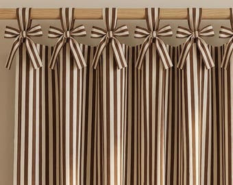Brown Striped Cotton Curtain Panel, Hand Block Printed Boho Farmhouse Curtain, Tie Top, Tap Top Custom Size Window Drape