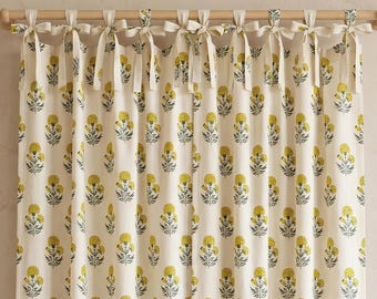 Hand Block Print Cotton Curtains, Yellow Floral Drapes, Boho Farmhouse Window Panel