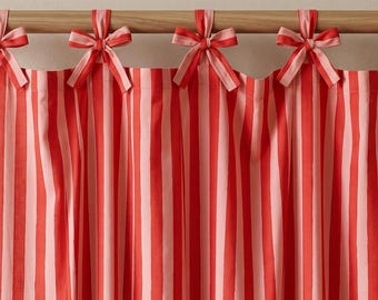 Pink Red Striped Cotton Curtain, Tie Top, Modern Farmhouse, Bohemian Bedroom, Living Room Drape, Cafe Curtain