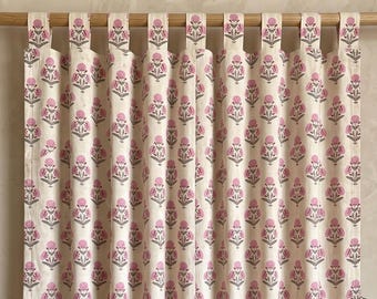 Pink Floral Hand Block Print Cotton Curtain Panel, Boho Indian Drape, Living Room Decor, Tap top, Tie top Custom Size Boho Window Curtains