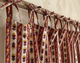 Hand Block Printed Cotton Curtains, Red Floral Tie Top Boho Farmhouse Window Drapes, Handmade Cotton Custom Size Curtain Panels