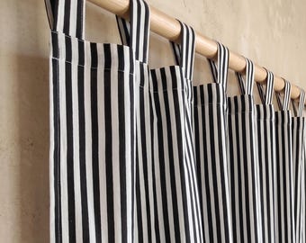 Black White Stripes Tab Top Curtain, Boho Farmhouse Drapes Curtains, Custom Size Curtain Panel, striped curtains, living room curtains