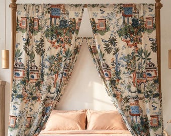 Hand Block Printed Cotton Canopy Curtains – Mughal Floral Boho Bedroom Decor Panels,  Eco Friendly Living Room Bed Curtain Drapes