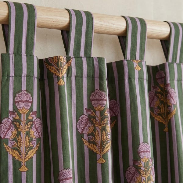 Hand Block Printed Cotton Curtains, 4 Color Options, Striped Floral Window Drapes, Bohemian Rustic Minimalist Decor, Custom Window Panels