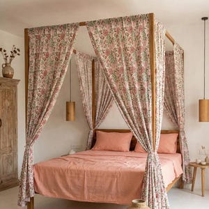 Indian Hand Block Cotton Bed Canopy Curtains – Boho Farmhouse Style Bed Drapes – Floral Sheer Eco Friendly Natural Window Panels