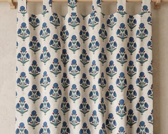 Blue Floral Hand Block Print Curtain Panel, Cotton Boho Window Curtains, Indian Block Printed Drape, Tap Top Custom Size Living Room Decor