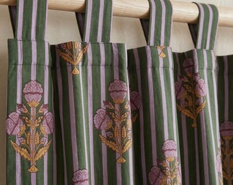 Hand Block Printed Cotton Curtains, 4 Color Options, Striped Floral Window Drapes, Bohemian Rustic Minimalist Decor, Custom Window Panels