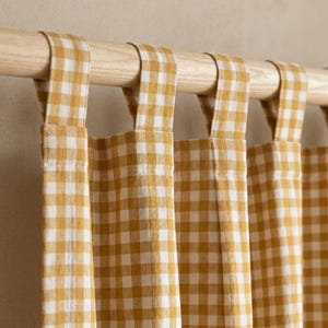 Tende a quadretti Vichy stampate a mano color giallo senape, pannelli per finestre in cotone stile rustico, tende rustiche per cucina, tende da caffè