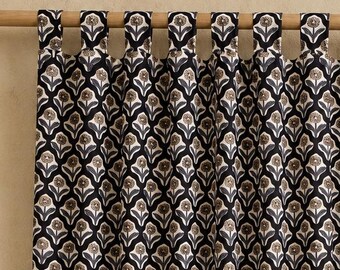 Black Floral Hand Block Print Cotton Curtains, Indian Boho Farmhouse Window Treatments, Custom Size Classic Bedroom & Living room Home Decor