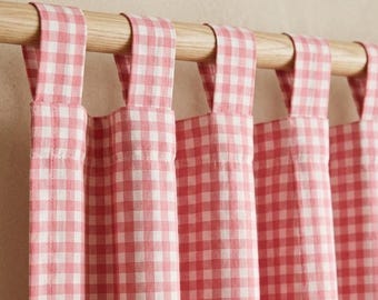 Hand Block Printed Cotton Gingham Curtains, Pink Farmhouse Window Panels, Cottage Decor, Kitchen Drapes, Tap Top Style Decor