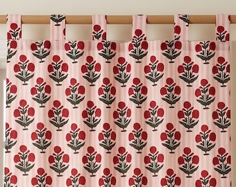 Handbedruckte Baumwollvorhänge, rote Blumenstreifen, Landhaus-Boho-Gardinen