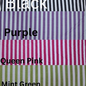 May include: Fabric samples with vertical stripes in various colors. The colors include black, purple, Queen Pink, mint green, and orange. Each color is labeled with its name in large white text.