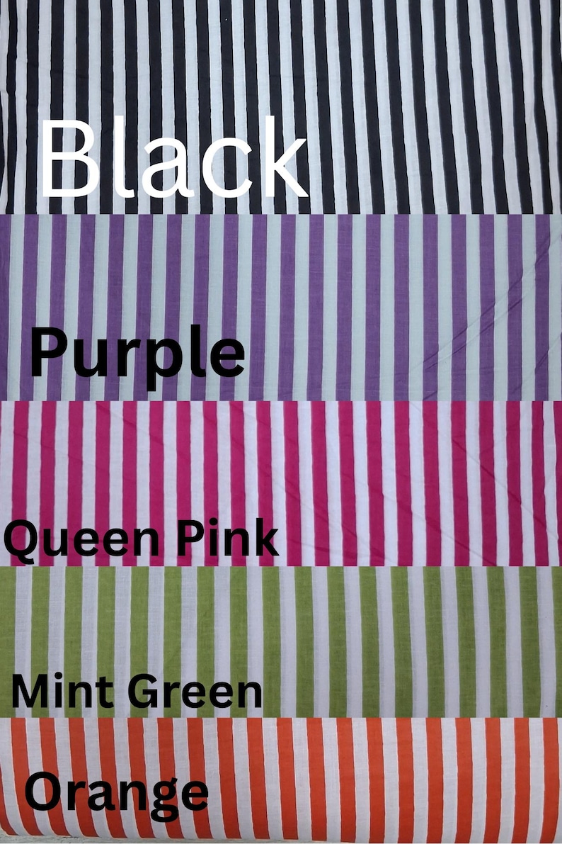 May include: Fabric samples with vertical stripes in various colors. The colors include black, purple, Queen Pink, mint green, and orange. Each color is labeled with its name in large white text.