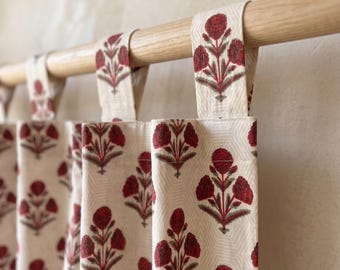 Hand Block Print Cotton Curtain, Red Floral Curtains Panel, Tap Top Rod  Pocket, Boho Farmhouse Window Drapes Custom Size Cafe Curtain