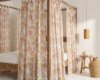 Boho Cotton Hand Block Print Bed Canopy Curtains – Indian Floral Four Poster Bed Drapes – Romantic Bedroom Decor King Queen Size