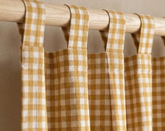 Mustard Yellow Handmade Hand Block Printed Gingham Curtains, Cotton Check Window Panels, Farmhouse Kitchen Drapes, Cottage Style Decor