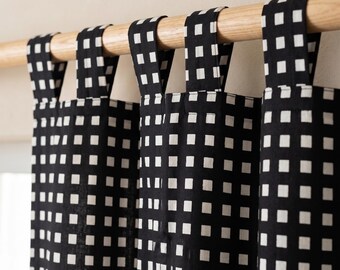 Hand Block Printed Cotton Curtains, Black White Gingham Farmhouse Drapes, Farmhouse Kitchen Drapes, Cottage Style Decor Rod Pocket Curtains