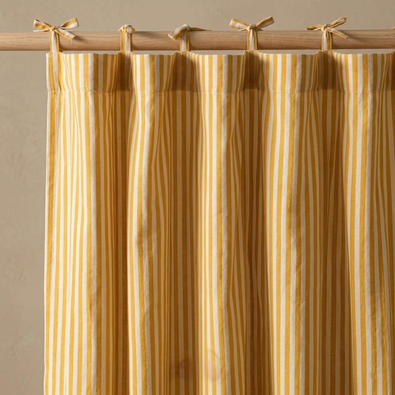 Yellow Striped Cotton Curtain Panel, Hand Block Printed Boho Farmhouse Curtain, Tie Top Custom Window Drape image 3