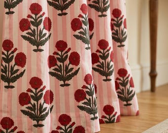 Handbedruckte, rote Baumwollvorhänge mit Blumenmuster, Boho-Streifen-Vorhänge im Landhausstil, maßgefertigte Paneele für die Wohneinrichtung Wohnzimmer, Schlafzimmer,
