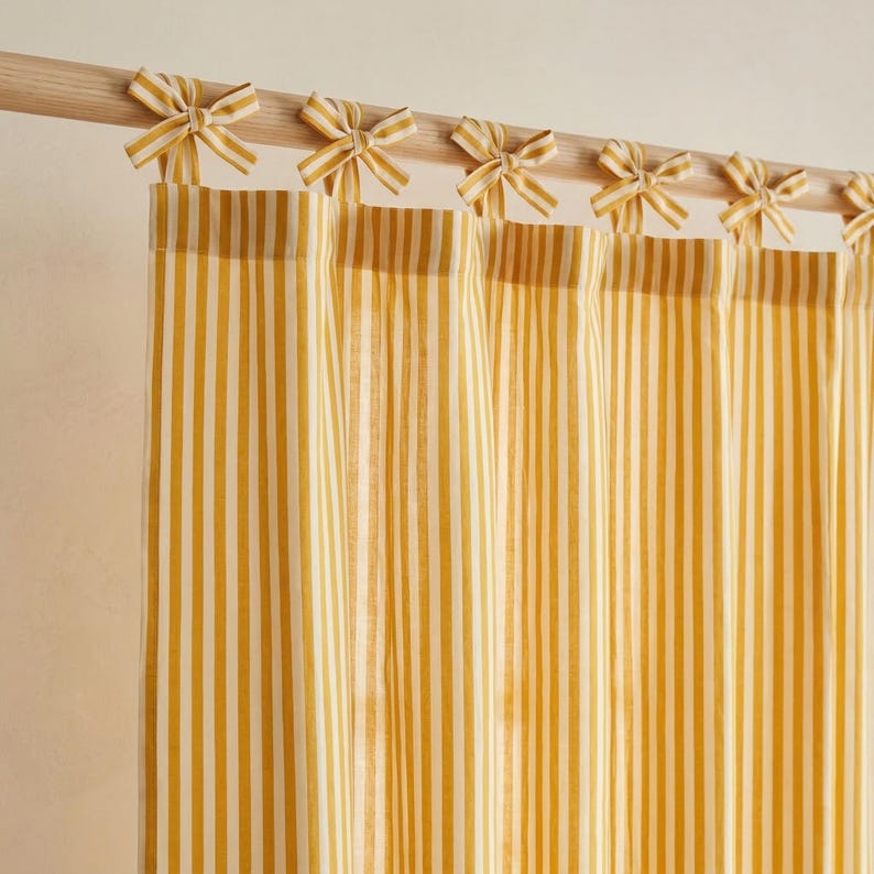 Yellow Striped Cotton Curtain Panel, Hand Block Printed Boho Farmhouse Curtain, Tie Top Custom Window Drape image 2