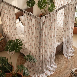 Boho Floral Bed Canopy Curtains, Hand Block Printed Cotton Drapes for Four Poster Bed, Dreamy Bedroom Decor Bed Curtains Panels