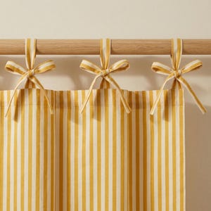 Yellow Striped Cotton Curtain Panel, Hand Block Printed Boho Farmhouse Curtain, Tie Top Custom Window Drape image 5