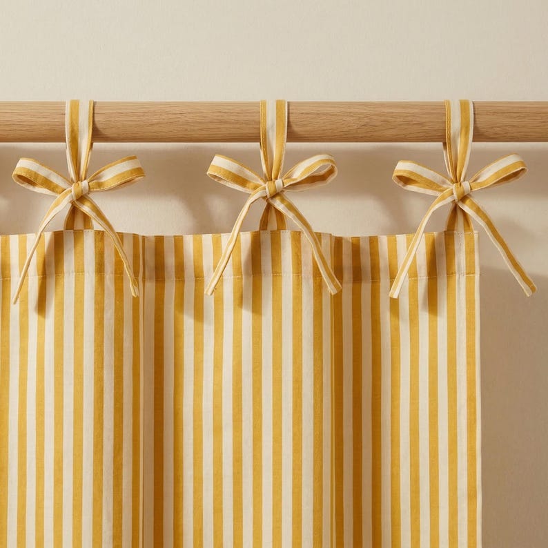 Yellow Striped Cotton Curtain Panel, Hand Block Printed Boho Farmhouse Curtain, Tie Top Custom Window Drape image 5