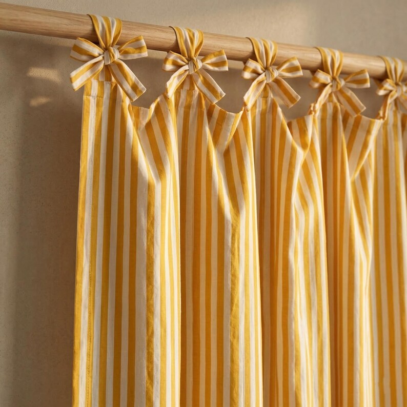 Yellow Striped Cotton Curtain Panel, Hand Block Printed Boho Farmhouse Curtain, Tie Top Custom Window Drape image 6