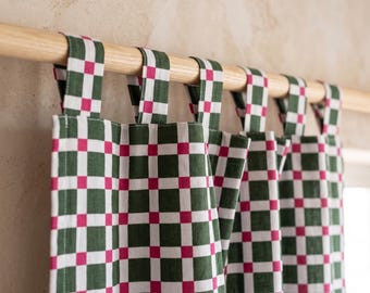 Grün-rosa karierte Baumwollvorhänge, Landhaus-Karovorhänge, maßgefertigte Café-Fensterdekoration