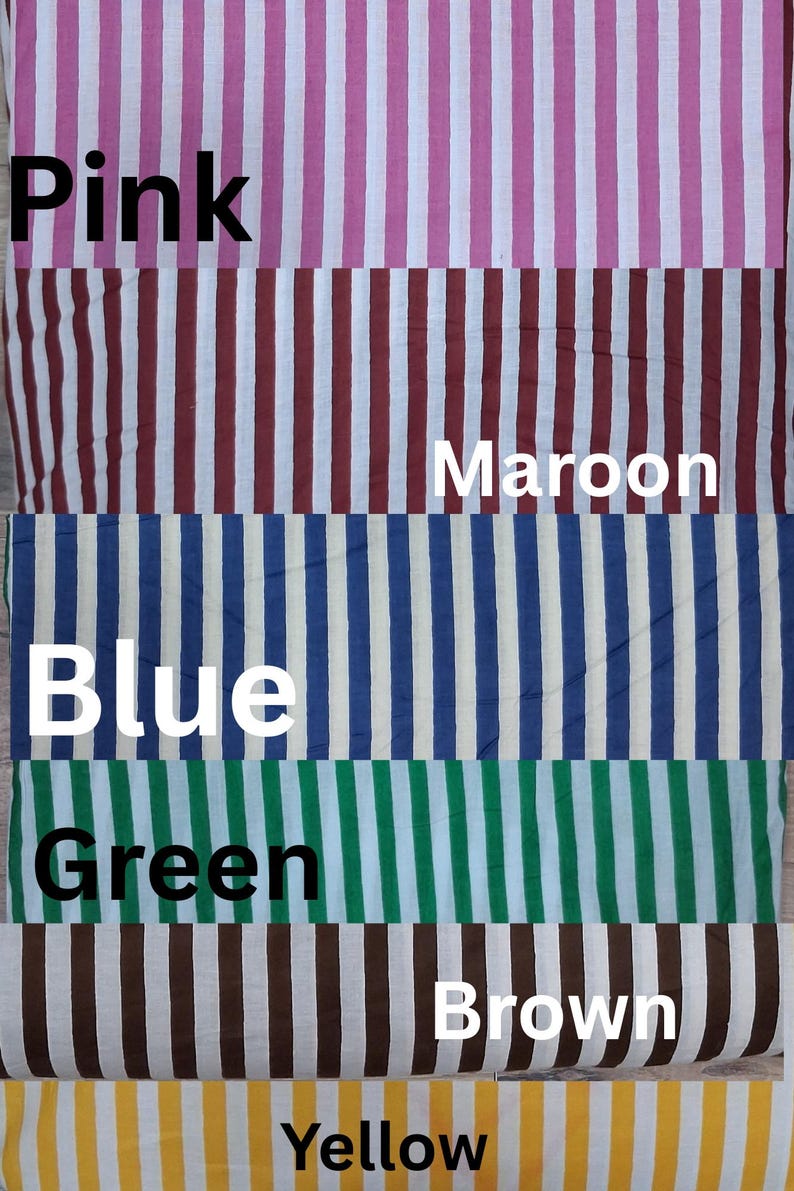 May include: A fabric sample featuring vertical stripes in various colors. The colors include pink, maroon, blue, green, brown, and yellow. Each color has a white stripe separating it from the next. The names of the colors are written in white text.