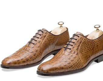 Handmade Brown Croc Embossed Leather Oxford Shoes for Men  Luxury Dress Shoe