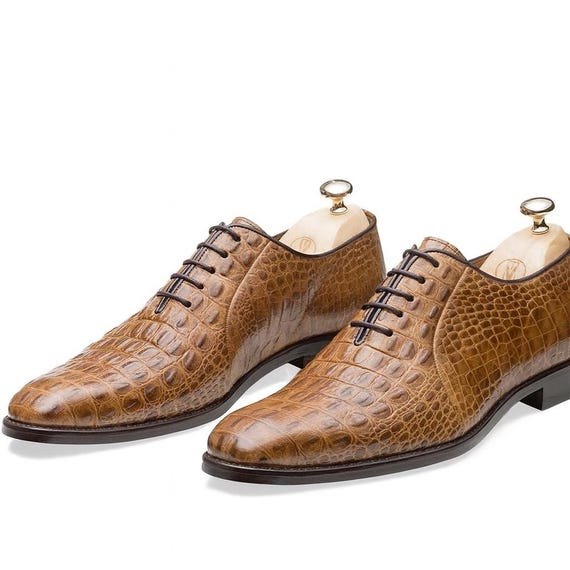 Handmade Brown Croc Embossed Leather Oxford Shoes for Men  display picture 2