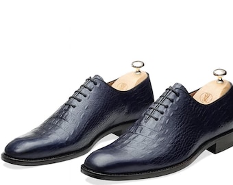 Zapatos Oxford de cuero azul marino para hombre, hechos a mano, zapatos formales de vestir.