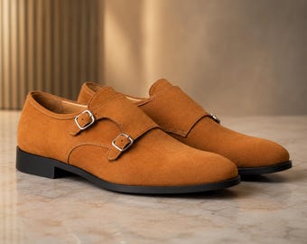 Brown Plain Toe Double Monk Shoes for Men – Classic Handmade Suede Dress Shoes