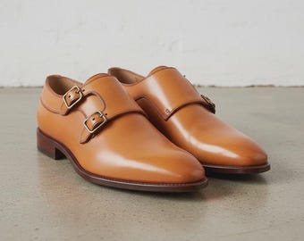 Handmade Men’s Double Monk Strap Shoes – Tan Leather Formal Dress Shoes