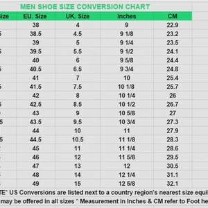 May include: A shoe size conversion chart with a green header titled MEN SHOE SIZE CONVERSION CHART. The table lists US, EU, and UK sizes alongside corresponding measurements in inches and centimeters, ranging from US size 5 to 16 with foot heel-to-toe data.