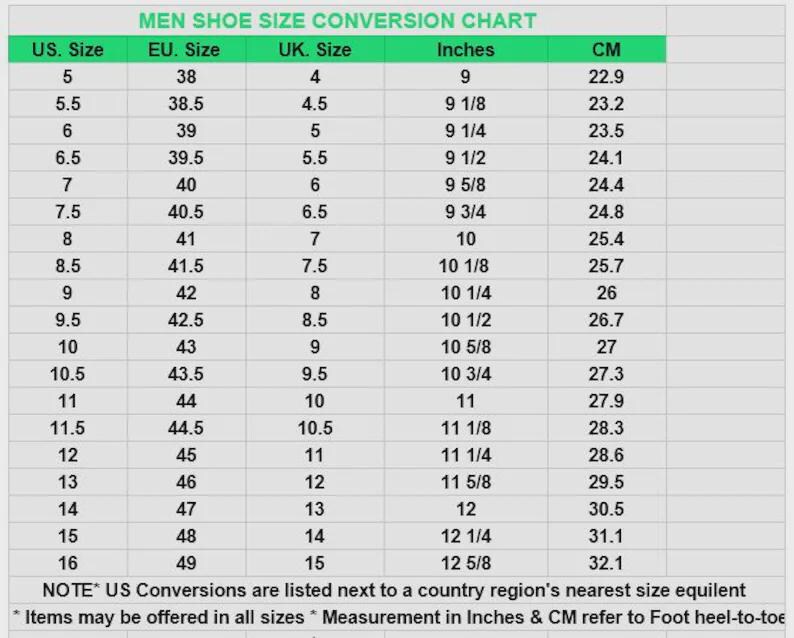 May include: A shoe size conversion chart with a green header titled MEN SHOE SIZE CONVERSION CHART. The table lists US, EU, and UK sizes alongside corresponding measurements in inches and centimeters, ranging from US size 5 to 16 with foot heel-to-toe data.