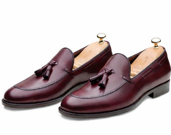 Men’s Burgundy Tassel Loafers  Genuine Leather Dress Shoes