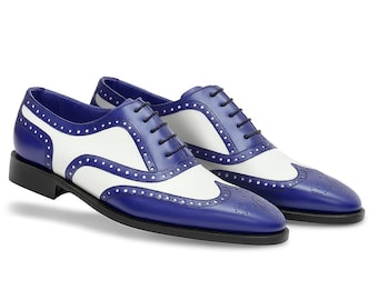 Men’s Two Tone Leather Wingtip Oxford Shoes  Blue and White Dress Shoes
