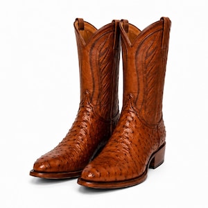 Handmade Brown Ostrich Embossed Cowboy Boots, Western Leather Boots